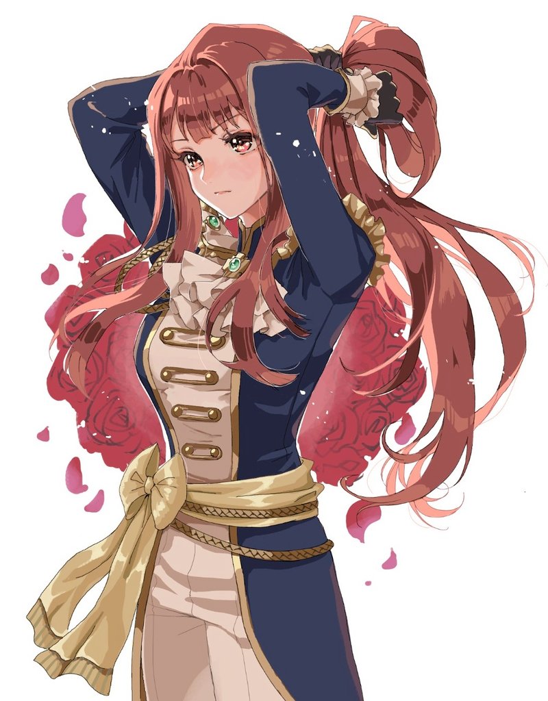 1girl ascot black_gloves blue_coat brown_hair coat eyelashes flower frilled_cuffs gem gloves holding holding_hair idolmaster idolmaster_million_live! idolmaster_million_live!_theater_days long_hair minami_(row1000) open_clothes open_coat pants red_eyes red_flower red_rose redhead rose shirt solo tanaka_kotoha very_long_hair white_ascot white_background white_pants white_shirt