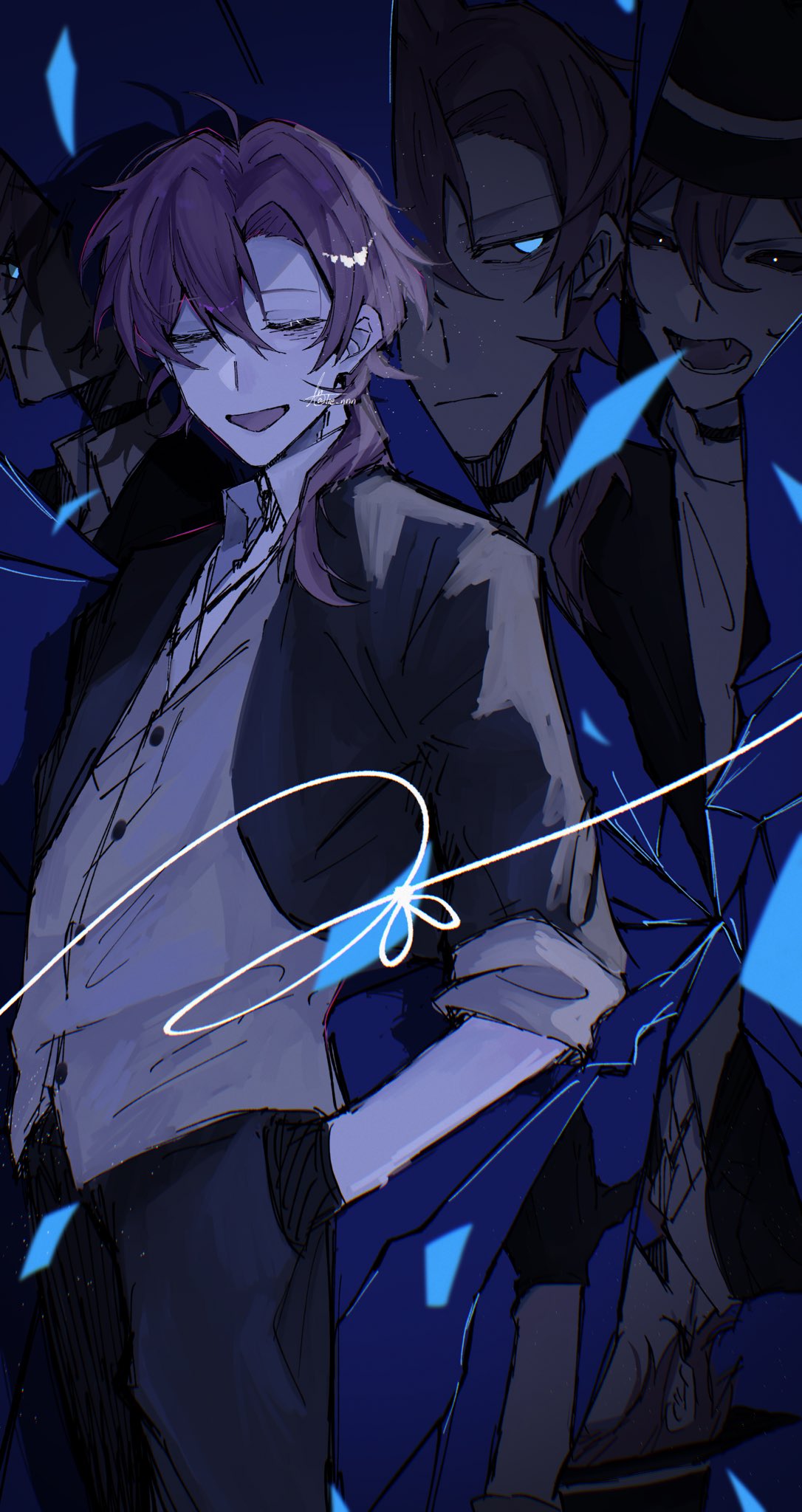 1boy black_gloves black_jacket black_pants black_sclera blue_background blue_eyes blue_theme broken_glass bungou_stray_dogs closed_eyes closed_mouth collared_shirt colored_sclera fang glass gloves hand_in_pocket highres jacket lie_nnn long_hair male_focus nakahara_chuuya open_mouth pants shirt sleeves_rolled_up smile sweatdrop white_shirt