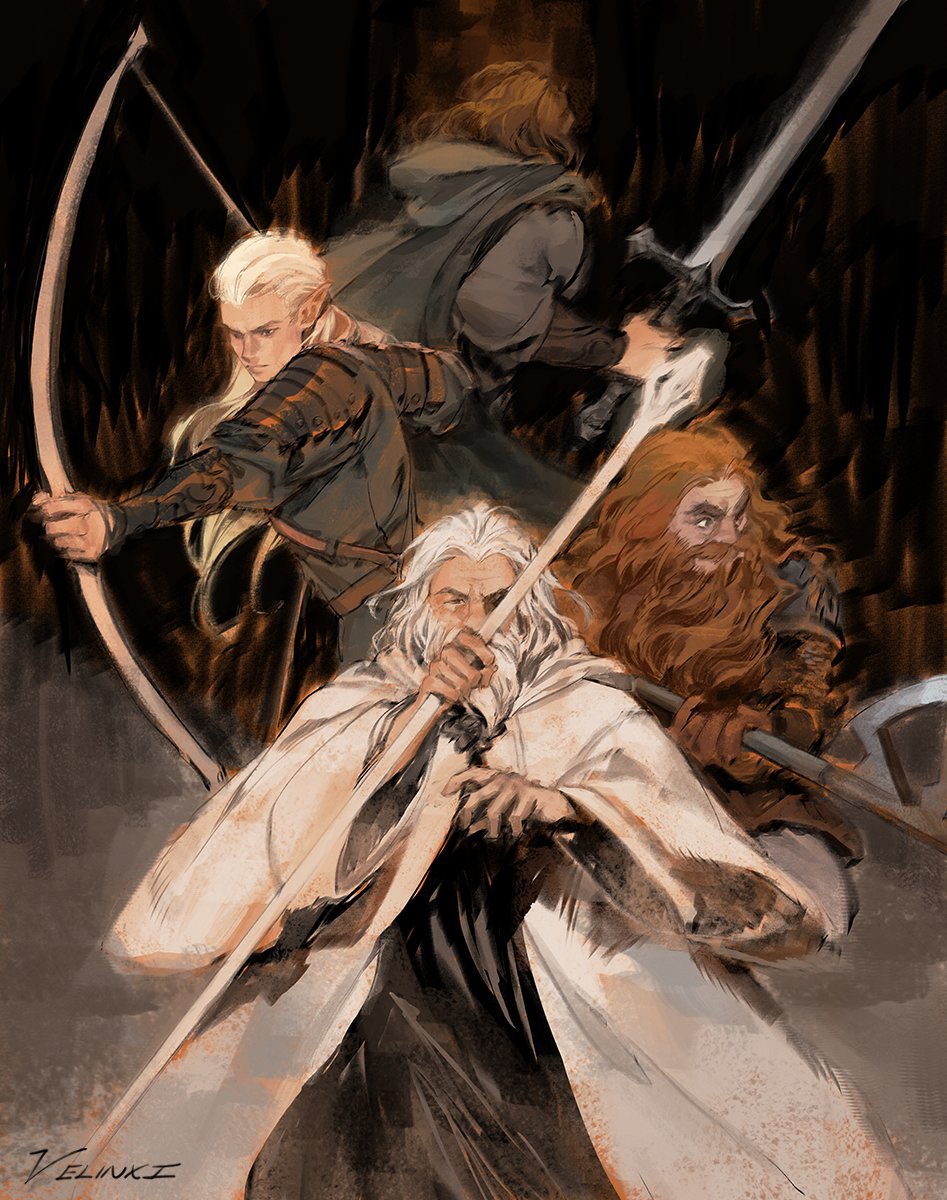 4boys aragorn artist_name axe blonde_hair bow_(weapon) brown_gloves brown_hair cape from_behind gandalf gimli gloves grey_hair highres holding holding_axe holding_bow_(weapon) holding_staff holding_sword holding_weapon hood hood_down hooded_cape legolas long_hair long_sleeves looking_at_viewer male_focus medium_hair multiple_boys pointy_ears robe staff sword the_lord_of_the_rings tolkien's_legendarium velocesmells weapon white_robe wide_sleeves