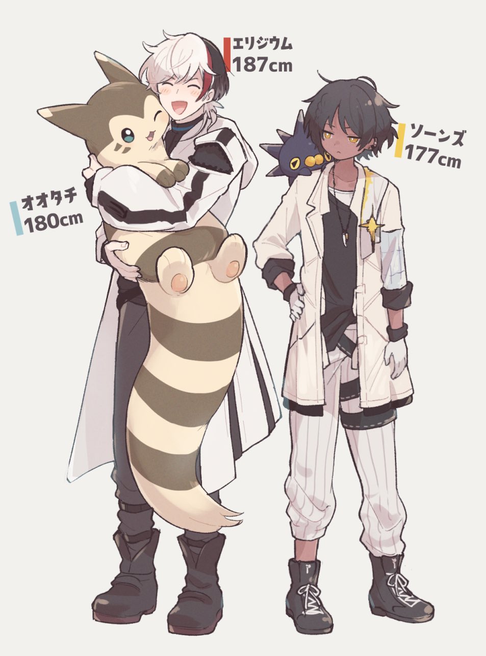 2boys annoyed arknights arouni22 black_footwear black_hair black_pants black_shirt blush boots brown_coat character_name closed_eyes coat commentary_request crossover dark-skinned_male dark_skin elysium_(arknights) full_body furret gloves grey_background hand_on_own_hip happy highres holding holding_pokemon hooded_coat looking_at_another multicolored_hair multiple_boys on_shoulder open_mouth pants pants_rolled_up pincurchin pokemon pokemon_(creature) pokemon_on_shoulder redhead shirt simple_background sleeves_rolled_up smile streaked_hair thorns_(arknights) translated undershirt white_coat white_gloves white_hair white_pants white_shirt yellow_eyes