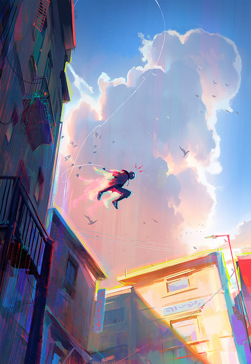 1boy bird building chromatic_aberration clouds cloudy_sky commentary english_commentary evening full_body highres lamppost lightning_bolt_symbol male_focus marvel ross_tran shadow silk sky solo spider-man:_across_the_spider-verse spider-man:_into_the_spider-verse spider-man_(miles_morales) spider-man_(series) spider-verse