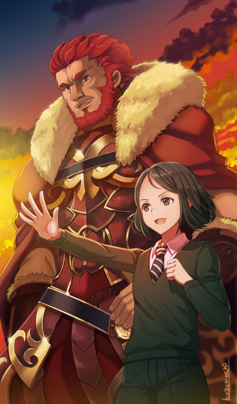 2boys :d armor beard black_hair black_necktie black_pants breastplate brown_eyes cloak clouds collared_shirt commentary_request diagonal-striped_necktie facial_hair fate/zero fate_(series) forehead fur-trimmed_cloak fur_trim glint green_sweater highres iskandar_(fate) kuzumochi_(kuzumochiya) male_focus multiple_boys necktie outdoors outstretched_arm pants parted_bangs red_cloak red_eyes redhead shirt signature sky smile sunset sweater thick_eyebrows waver_velvet white_shirt