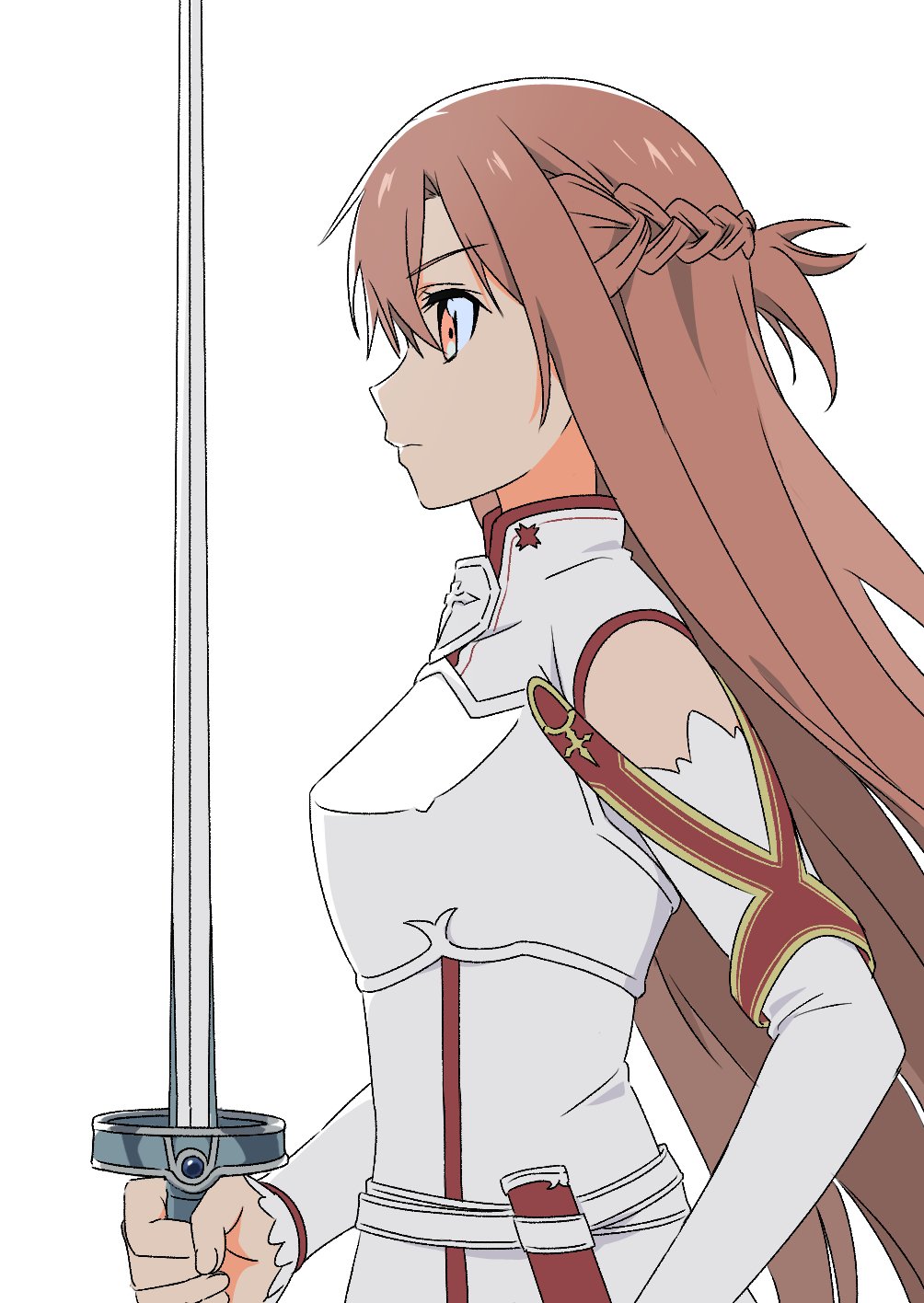 1girl armor asuna_(sao) braid breastplate brown_eyes brown_hair closed_mouth commentary detached_sleeves dress from_side hair_between_eyes highres holding holding_sword holding_weapon lambent_light long_hair nigime_shi rapier solo sword sword_art_online upper_body weapon white_background white_dress