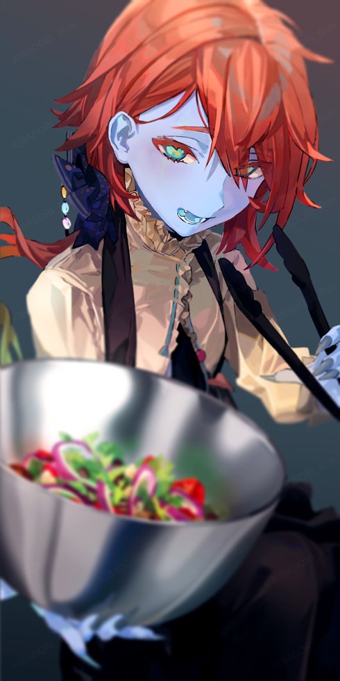 1girl aqua_eyes blue_background blue_skin blue_tongue bowl colored_skin colored_tongue fangs fate/grand_order fate_(series) fingernails food gradient_hair hair_between_eyes holding holding_bowl kibadori_rue long_hair long_sleeves looking_at_viewer multicolored_hair open_mouth orange_hair redhead salad salad_bowl salad_tongs sharp_fingernails simple_background solo van_gogh_(fate) van_gogh_(second_ascension)_(fate)