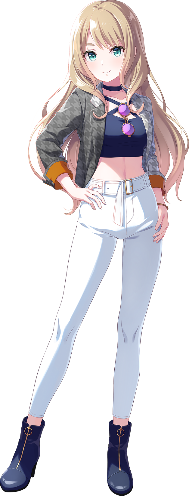 1girl blonde_hair fran_(idoly_pride) green_eyes highres idol idoly_pride jacket long_hair long_sleeves looking_at_viewer open_clothes open_jacket pants qp:flapper smile sunglasses transparent_background white_pants