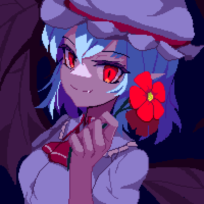 1girl ascot bat_wings black_background blue_hair brodall_pixel closed_mouth commentary_request fang flower hat hat_ribbon holding holding_flower looking_at_viewer mob_cap pixel_art red_ascot red_eyes red_flower red_ribbon remilia_scarlet ribbon short_hair simple_background solo touhou upper_body white_headwear wings