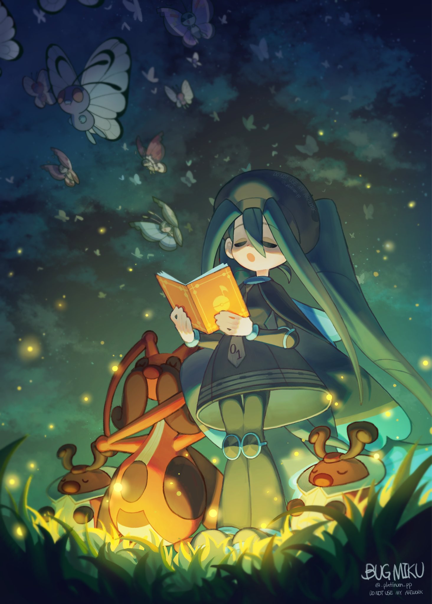 1girl book brown_dress brown_headwear bug bug_miku_(project_voltage) butterfree closed_eyes clouds cloudy_sky dress firefly grass hair_through_headwear hatsune_miku highres holding holding_book kricketot kricketune long_hair long_sleeves night night_sky open_mouth pokemon pokemon_(creature) project_voltage short_dress sky tinum_(platinum_pp) twintails very_long_hair vivillon vocaloid