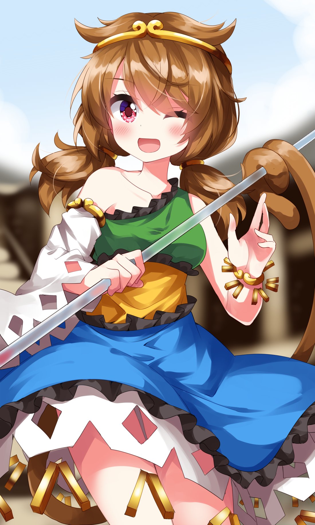1girl blurry blurry_background blush brown_hair collarbone detached_sleeves dress highres low_twintails monkey_girl monkey_tail multicolored_clothes multicolored_dress one_eye_closed red_eyes ruu_(tksymkw) single_detached_sleeve smile solo son_biten tail touhou twintails