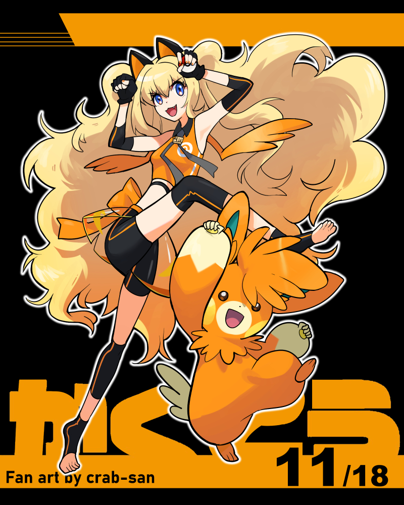 1girl :3 animal_ears bare_shoulders bike_shorts blonde_hair blue_eyes blush_stickers cat_ears clenched_hands crab-san crop_top elbow_sleeve english_commentary fingerless_gloves gloves headset leg_up long_hair midriff open_mouth pawmot poke_ball poke_ball_(basic) pokemon pokemon_(creature) project_voltage seeu shin_guards smile toeless_footwear very_long_hair vocaloid