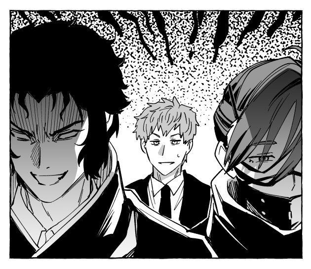 3boys aura blank_eyes border collared_shirt dark_aura evil_grin evil_smile fate/grand_order fate_(series) greyscale grin hair_between_eyes hair_pulled_back half-closed_eyes hijikata_toshizou_(fate) jacket long_bangs looking_ahead looking_at_another male_focus mask monochrome mouth_mask multiple_boys necktie parted_bangs parted_lips portrait saitou_hajime_(fate) scarf shaded_face shirt short_bangs short_hair smile sweatdrop teria_(teriarian) upper_body white_background white_border yamanami_keisuke_(fate)