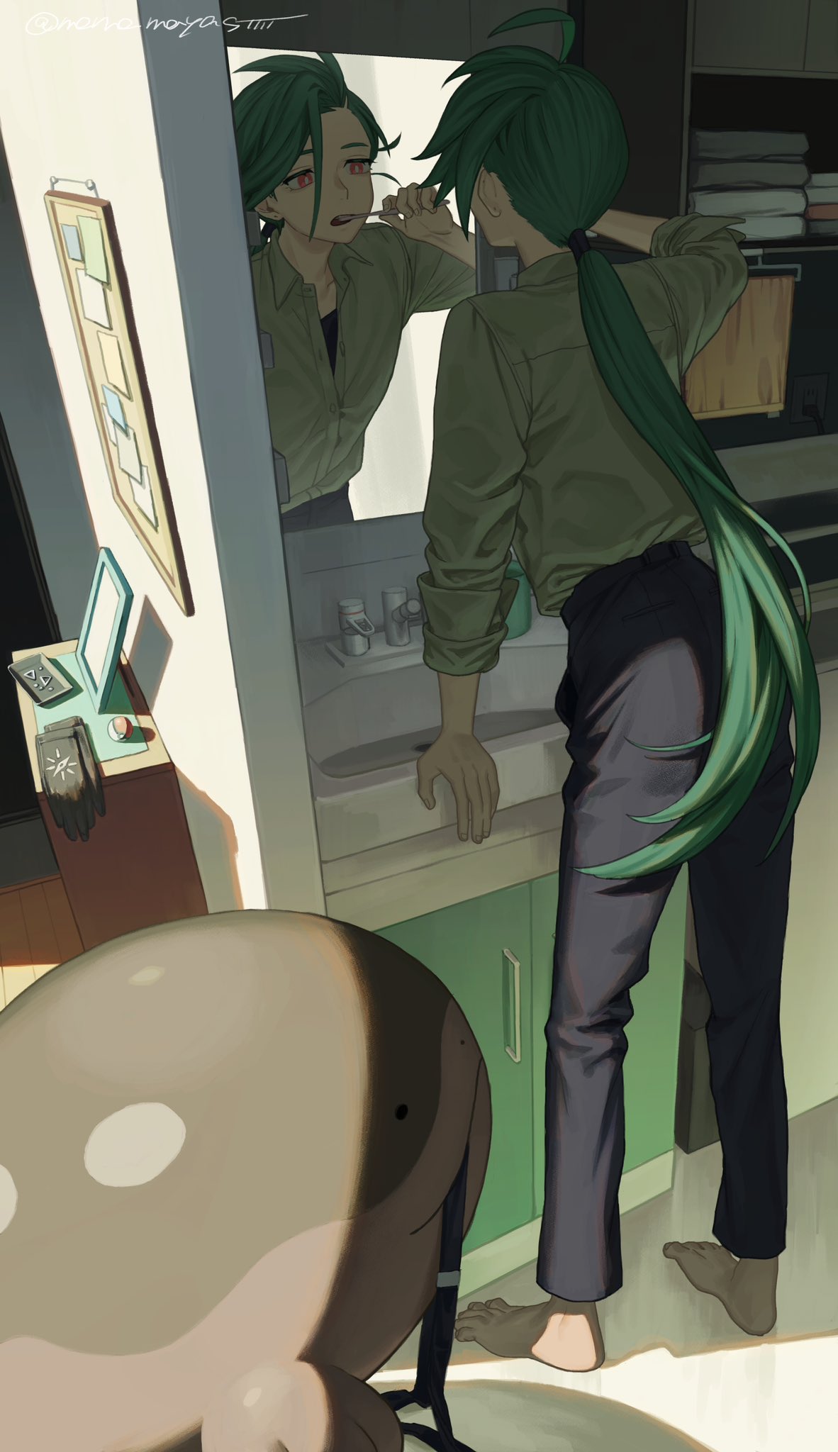1girl ahoge androgynous artist_name barefoot bathroom black_pants bright_pupils brushing_teeth bulletin_board clodsire collared_shirt commentary day facing_away from_behind full_body gloves gloves_removed green_hair highres holding holding_toothbrush indoors long_hair low_ponytail mame_moyashi mirror morning mouth_hold open_mouth pants piercing_removed poke_ball pokemon pokemon_(creature) pokemon_(game) pokemon_sv red_eyes reflection rika_(pokemon) shirt shirt_tucked_in signature sink solo standing suspenders_removed swept_bangs toothbrush towel white_pupils