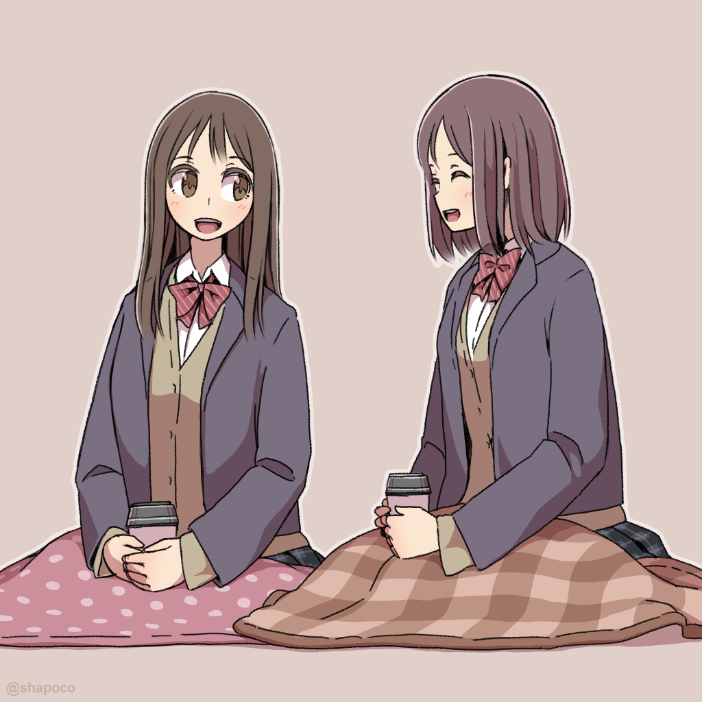 2girls ^_^ artist_name blanket bow bowtie brown_background brown_hair brown_sweater closed_eyes coffee_cup covering_with_blanket cup disposable_cup full_body grey_jacket holding holding_cup jacket looking_at_another medium_hair multiple_girls open_clothes open_jacket open_mouth original plaid plaid_skirt red_bow red_bowtie school_uniform shapoco shirt short_hair simple_background sitting skirt smile sweater teeth uniform upper_teeth_only white_shirt