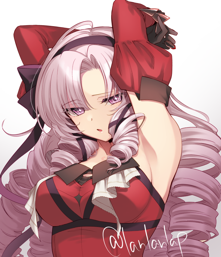1girl armpits black_gloves breasts chest_tattoo claw_ring detached_sleeves dress drill_hair drill_sidelocks gloves hair_ribbon hairband hyakumantenbara_salome hyakumantenbara_salome_(1st_costume) juliet_sleeves lanlanlap large_breasts light_purple_hair long_hair long_sleeves looking_at_viewer nijisanji open_mouth parted_bangs puffy_sleeves purple_hairband purple_ribbon red_dress red_sleeves ribbon scorpion_tattoo sidelocks simple_background solo sparkling_eyes tattoo twitter_username violet_eyes virtual_youtuber white_background