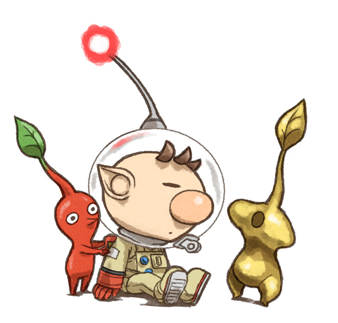 1boy alien backpack bag big_nose black_eyes brown_hair buttons closed_eyes colored_skin commentary_request full_body gloves hand_on_another's_arm helmet hole_in_head leaf looking_at_another monster naru_(wish_field) no_mouth olimar parted_lips patch pikmin_(creature) pikmin_(series) plasm_wraith pointy_ears pointy_nose radio_antenna red_bag red_gloves red_light red_pikmin red_skin shadow short_hair sitting slime_(substance) space_helmet spacesuit very_short_hair whistle white_background