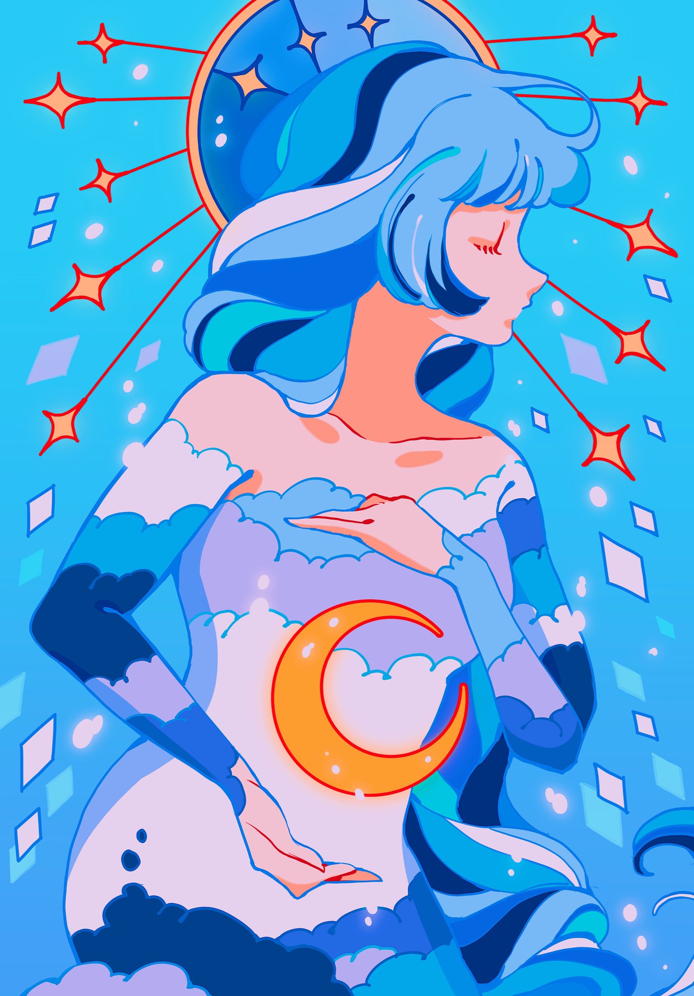 1girl bare_shoulders blue_background blue_hair closed_eyes crescent_moon dress glowing gradient_background highres long_hair long_sleeves meyoco moon multicolored_hair off-shoulder_dress off_shoulder original print_dress profile solo upper_body very_long_hair