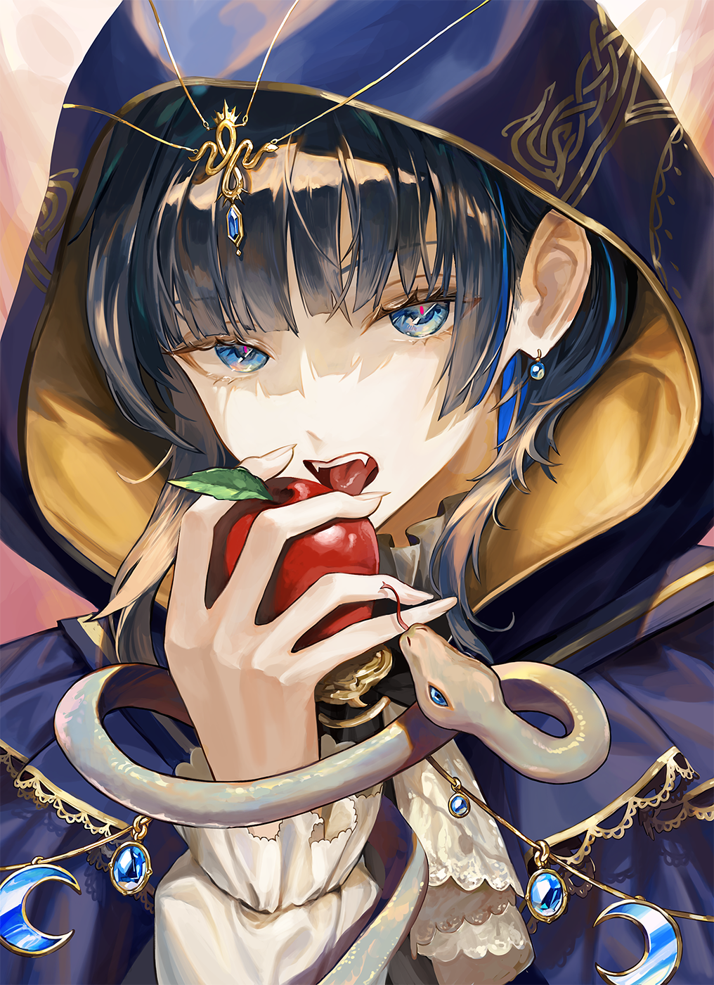1girl apple ascot blue_cloak blue_eyes blue_hair blunt_bangs cloak crescent earrings fangs food fruit highres holding holding_food holding_fruit hololive hololive_english hood hood_up hooded_cloak imminent_bite jewelry looking_at_viewer multicolored_hair open_mouth ouro_kronii portrait santafe99 short_hair snake solo streaked_hair virtual_youtuber white_ascot white_snake