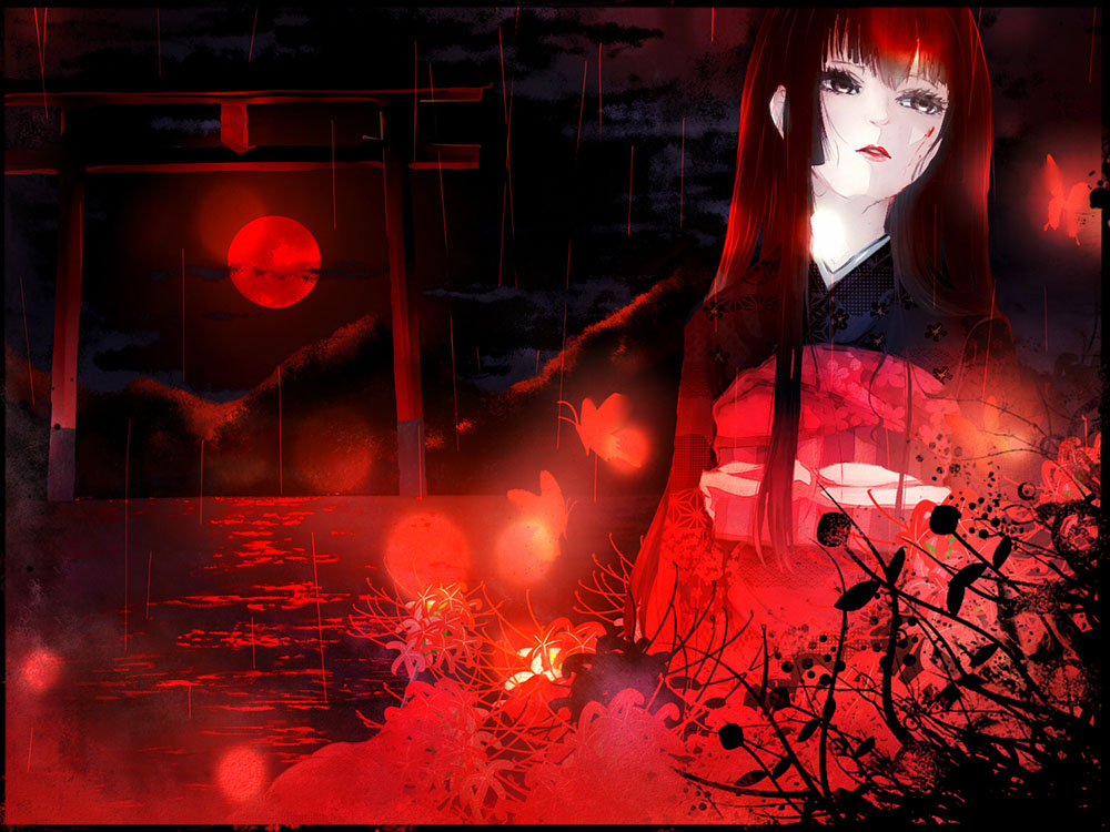1girl black_border black_hair black_kimono blood blood_on_face border bug butterfly commentary_request dark enma_ai floral_print floral_print_kimono flower full_moon glowing_butterfly hime_cut japanese_clothes jigoku_shoujo kimono long_hair long_sleeves moon night night_sky obi parted_lips red_eyes red_lips red_moon red_theme sash sexysinsi2 sidelocks sky solo spider_lily torii upper_body water