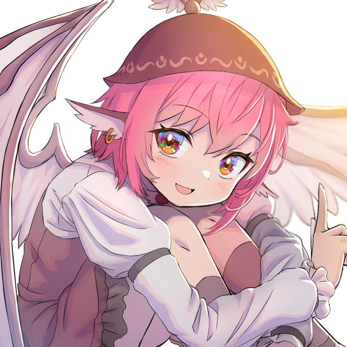 1girl :d animal_ears bird_ears bird_wings blurry blush depth_of_field earrings feathered_wings hair_between_eyes hand_up hat index_finger_raised jewelry kneehighs knees_to_chest knees_up leaning_forward looking_at_viewer mob_cap mystia_lorelei open_mouth orange_eyes pink_hair revision shiroi_karasu short_hair simple_background single_earring sitting smile socks solo touhou white_background wings