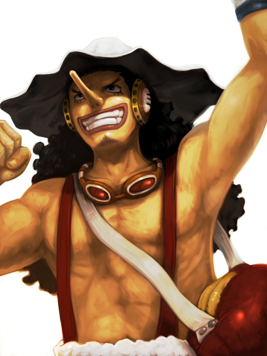 1boy black_eyes black_hair clenched_hand curly_hair earmuffs facial_hair goatee goggles goggles_around_neck hat highres long_hair long_nose male_focus meta_gun one_piece overalls simple_background smile solo teeth usopp v-shaped_eyebrows white_background white_headwear