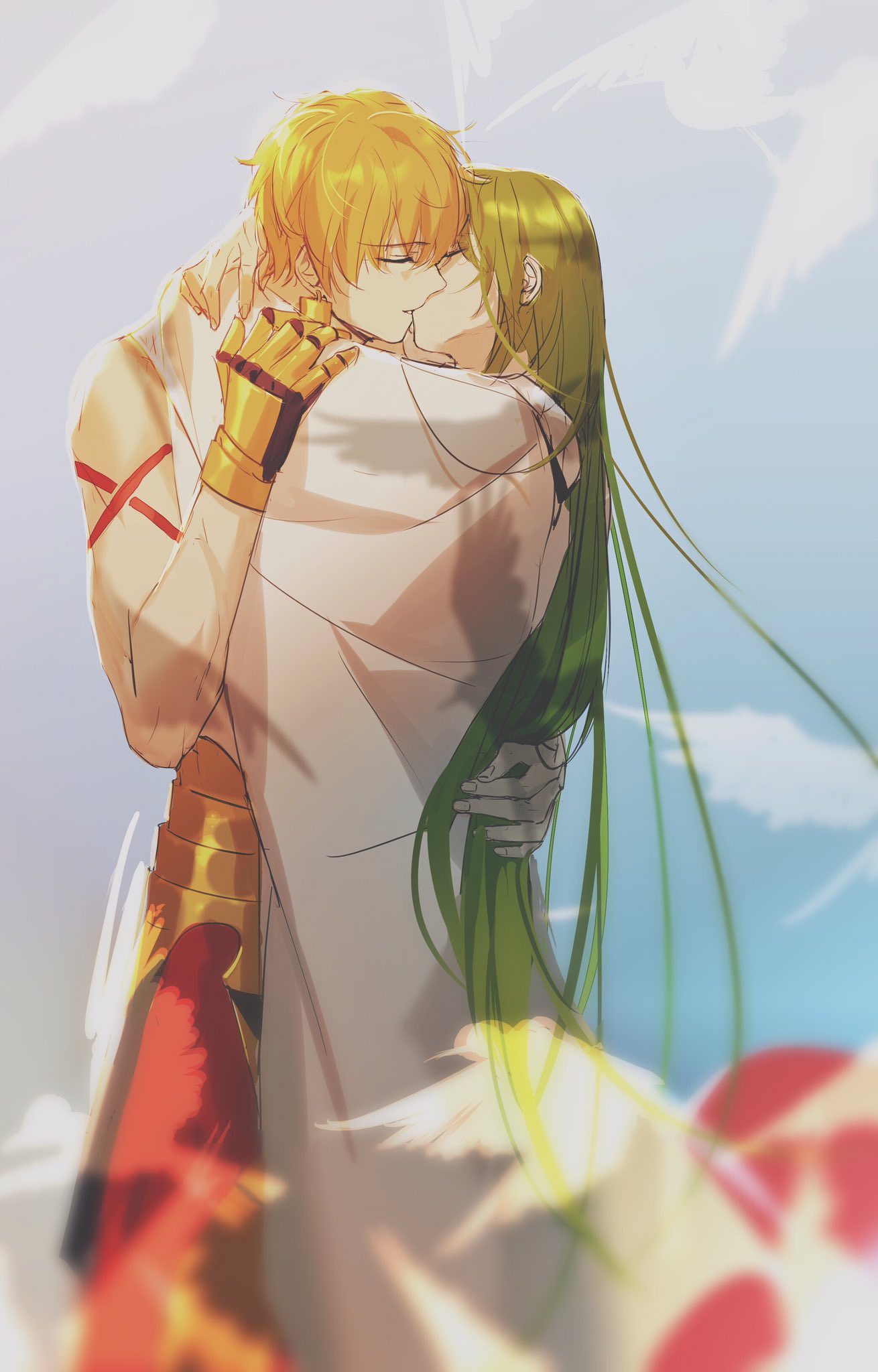 1boy 1other androgynous chain enkidu_(fate) fate/strange_fake fate_(series) glowing glowing_clothes glowing_eyes green_eyes green_hair hair_between_eyes highres long_hair looking_at_viewer male_focus robe rrr_(reason) shirt smile solo upper_body very_long_hair white_robe white_shirt yellow_eyes