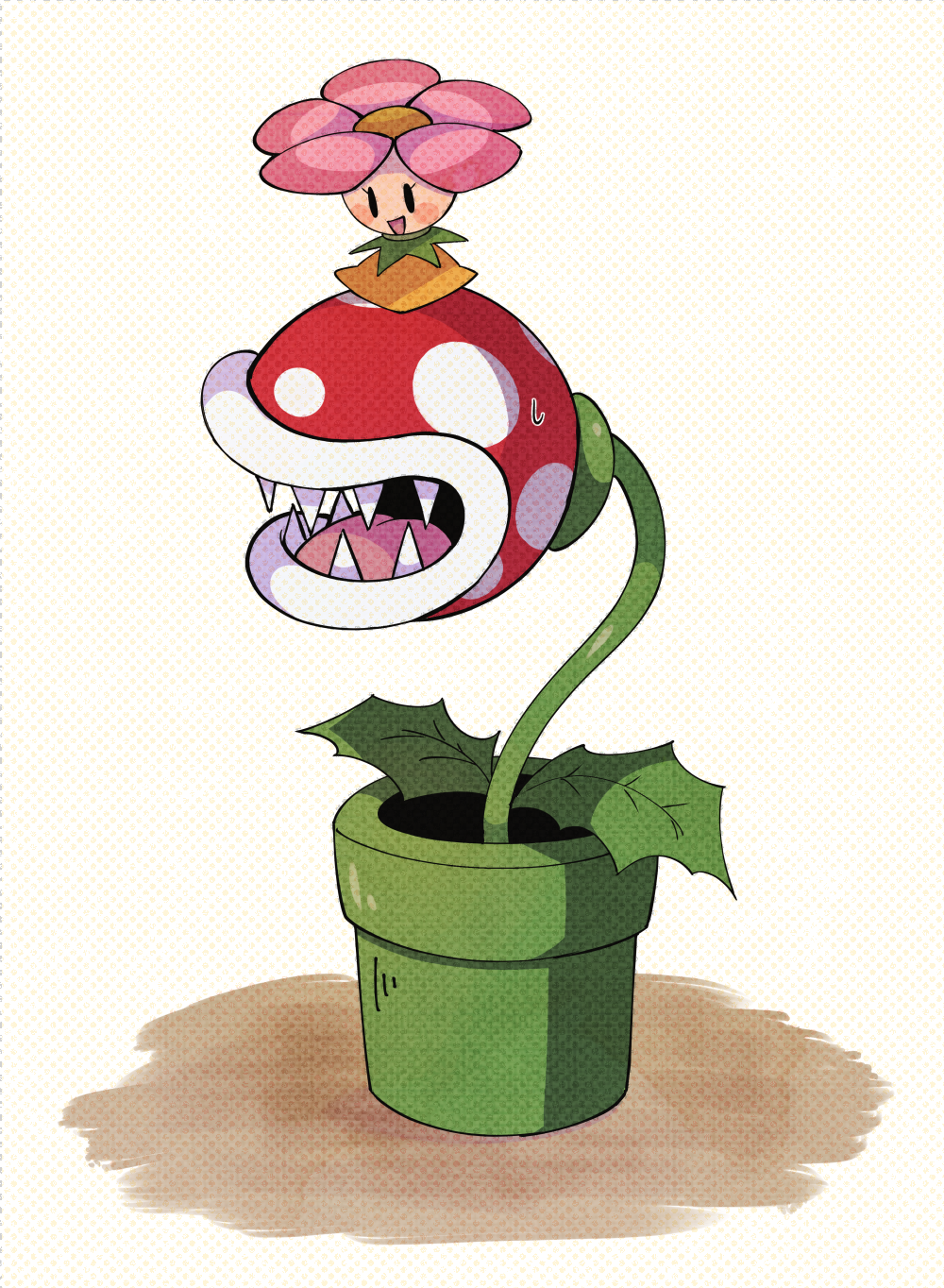 :d blush blush_stickers commentary_request flower highres leaf no_humans omochiutyu on_head open_mouth pink_flower piranha_plant plant sharp_teeth simple_background smile spindrift super_mario_bros. sweatdrop teeth tongue warp_pipe yellow_background