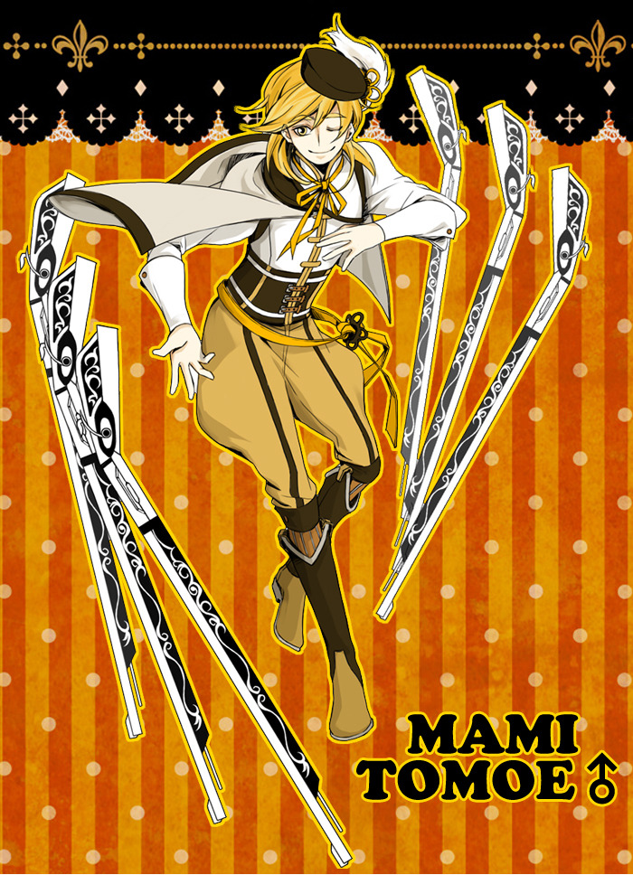 1boy 512ram ;) bad_id bad_pixiv_id beret blonde_hair cape character_name corset genderswap genderswap_(ftm) gun hat jodhpurs mahou_shoujo_madoka_magica male_focus mars_symbol one_eye_closed orange_background outline outstretched_hand pants patterned_background rifle smile solo striped tomoe_mami vertical_stripes weapon yellow_eyes yellow_outline