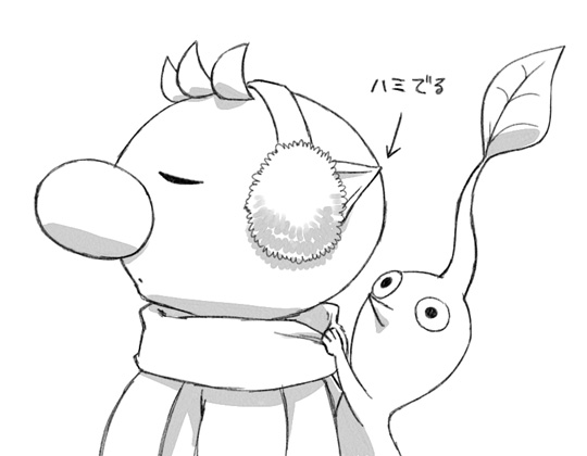 1boy alien alternate_costume arrow_(symbol) big_nose closed_eyes coat commentary_request earmuffs from_side leaf lineart long_sleeves looking_at_another male_focus naru_(wish_field) no_mouth olimar parted_lips pikmin_(creature) pikmin_(series) pointy_ears pointy_nose red_pikmin scar scarf_pull short_hair translation_request upper_body very_short_hair white_background winter_clothes