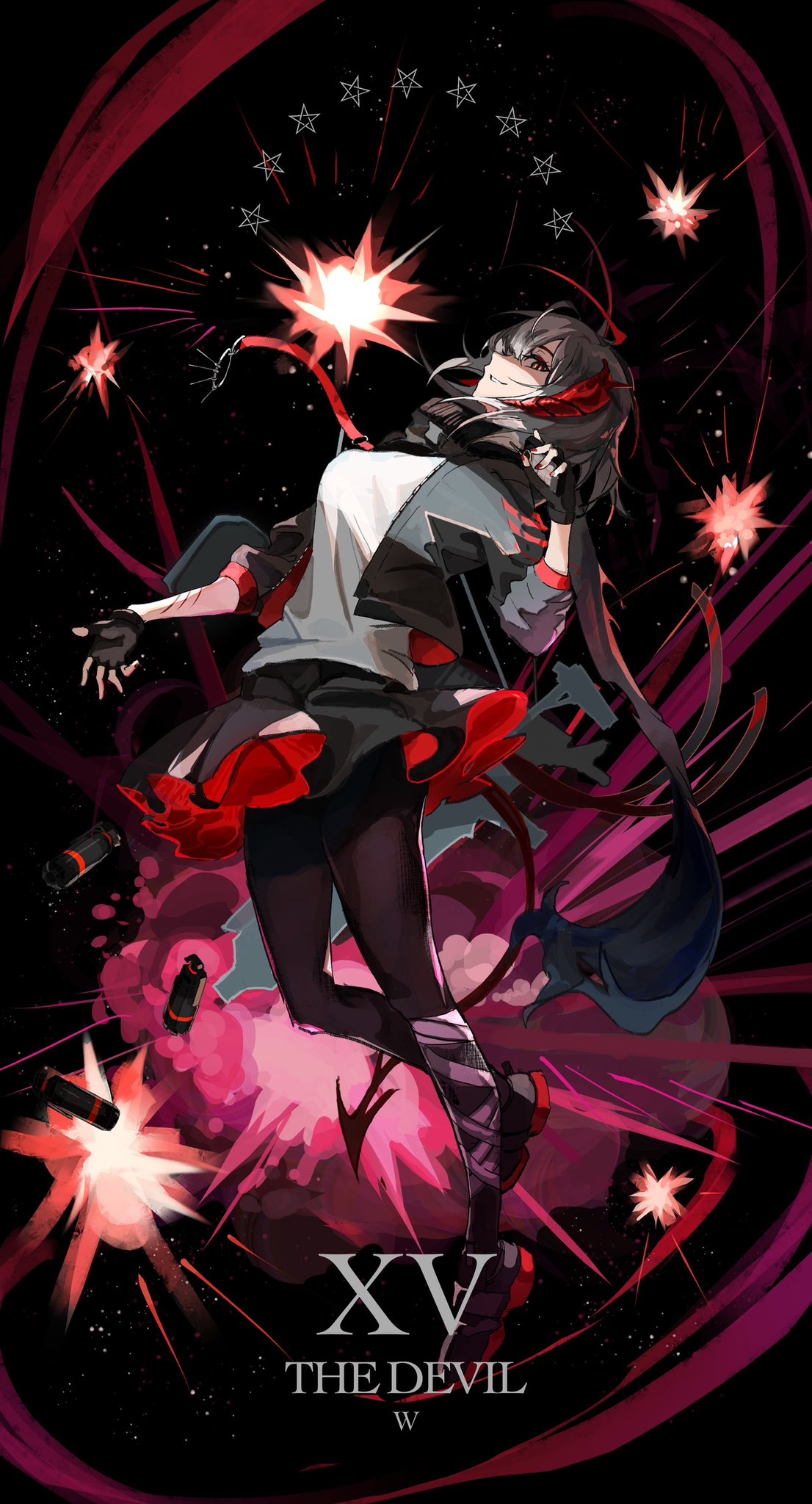 1girl antenna_hair arknights black_background black_footwear black_gloves black_pantyhose black_skirt breasts character_name commentary cropped_jacket demon_girl demon_horns demon_tail english_commentary english_text explosion fingerless_gloves full_body gloves grey_hair highres horns kasumi_yuzuha large_breasts leaning_back loafers pantyhose redhead shirt shoes short_hair simple_background skirt sleeves_rolled_up solo tail tarot w_(arknights) white_shirt