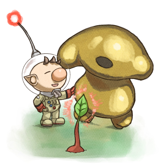 1boy alien big_nose brown_hair buried buttons closed_eyes colored_skin commentary_request full_body gloves glowing grass hand_on_another's_hip hand_on_own_hip helmet hole_in_head leaf looking_at_another monster naru_(wish_field) olimar open_mouth patch pikmin_(creature) pikmin_(series) plasm_wraith pointy_ears radio_antenna red_gloves red_light red_pikmin red_skin short_hair slime_(substance) smile space_helmet spacesuit very_short_hair whistle white_background