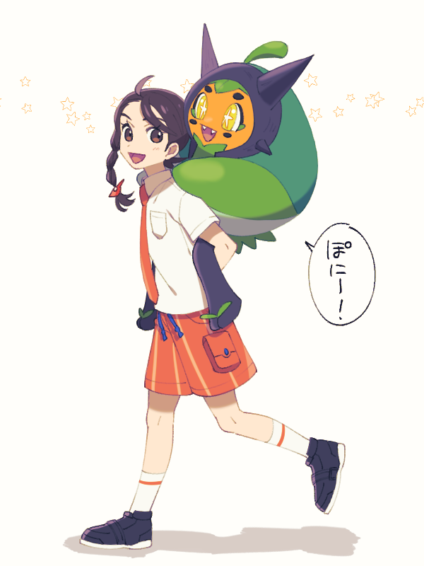 1girl :d ahoge amiebi black_footwear braid breast_pocket brown_eyes brown_hair carrying collared_shirt commentary_request eyelashes from_side juliana_(pokemon) knees necktie ogerpon open_mouth orange_necktie orange_shorts piggyback pocket pokemon pokemon_(creature) pokemon_(game) pokemon_sv shirt shoes short_sleeves shorts smile socks speech_bubble standing star_(symbol) tongue translation_request white_shirt white_socks
