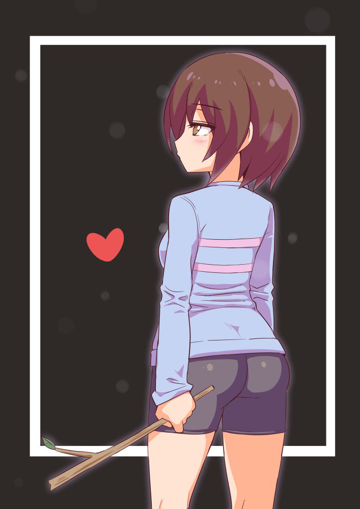 1girl 2010s 2019 amber_eyes back_view bike_shorts black_background brown brown_hair cougar1404 facing_away female female_only frisk_(undertale) fully_clothed hair heart human simple_background solo solo_female stick sweater tight_clothing undertale