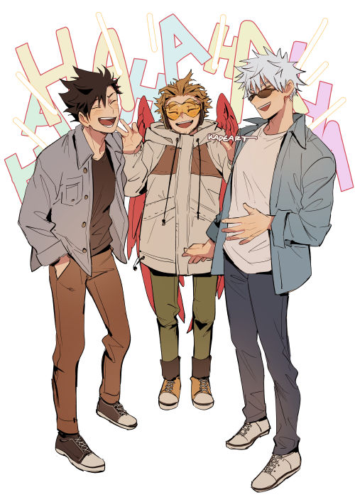 3boys :d ^_^ artist_name black_hair blonde_hair blue_pants blue_shirt blush boku_no_hero_academia breast_pocket brown_footwear brown_jacket brown_pants brown_shirt buttons closed_eyes collared_shirt commentary drawstring english_commentary facial_hair feathered_wings goggles gojou_satoru green_pants haikyuu!! hand_in_pocket hand_up hawks_(boku_no_hero_academia) headphones hood hood_down hooded_jacket jacket jujutsu_kaisen kadeart kuroo_tetsurou laughing long_sleeves male_focus multiple_boys open_clothes open_mouth open_shirt pants parted_bangs pocket red_wings round_teeth shirt shoes short_hair signature simple_background smile standing stubble sunglasses teeth tongue upper_teeth_only white_background white_footwear white_hair white_shirt wing_collar wings yellow_footwear