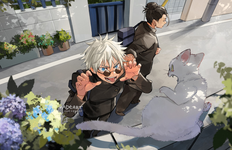 2boys artist_name bag black_hair black_jacket black_pants blue_bag blue_eyes blue_flower blush buttons cat colored_eyelashes commentary dappled_sunlight day english_commentary eyelashes fangs flower flower_pot from_above gate getou_suguru gojou_satoru hair_between_eyes hair_bun hand_on_another's_shoulder hands_up hydrangea jacket jujutsu_kaisen jujutsu_tech_uniform kadeart long_sleeves male_focus multiple_boys open_mouth outdoors pants plant potted_plant purple_flower road round_eyewear round_teeth school_bag school_uniform shadow short_hair shoulder_bag signature single_hair_bun standing sunglasses sunlight teeth tongue tongue_out v-shaped_eyebrows wall white_hair