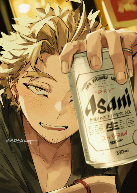 1boy artist_name asahi_breweries beer_can blonde_hair blurry blurry_background blush boku_no_hero_academia bracelet can collarbone commentary drunk earrings facial_hair hand_up hawks_(boku_no_hero_academia) holding holding_can jewelry kadeart looking_at_viewer male_focus open_mouth ring short_hair signature smile solo stubble symbol-only_commentary teeth thick_eyebrows upper_body yellow_eyes