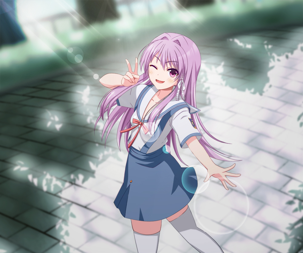 1girl ;d blue_skirt blurry blurry_background blush clannad cowboy_shot dappled_sunlight day dogu_illust eyelashes eyes_visible_through_hair floating_hair frilled_ribbon frills fujibayashi_kyou hair_between_eyes hair_intakes hair_ribbon hand_up happy high-waist_skirt hikarizaka_private_high_school_uniform lens_flare long_hair looking_at_viewer neck_ribbon one_eye_closed open_mouth outdoors outstretched_arm purple_hair red_ribbon ribbon sailor_collar school_uniform shirt short_sleeves sidelocks skirt smile solo standing straight_hair sunlight suspender_skirt suspenders thigh-highs v very_long_hair violet_eyes white_ribbon white_sailor_collar white_shirt white_thighhighs zettai_ryouiki