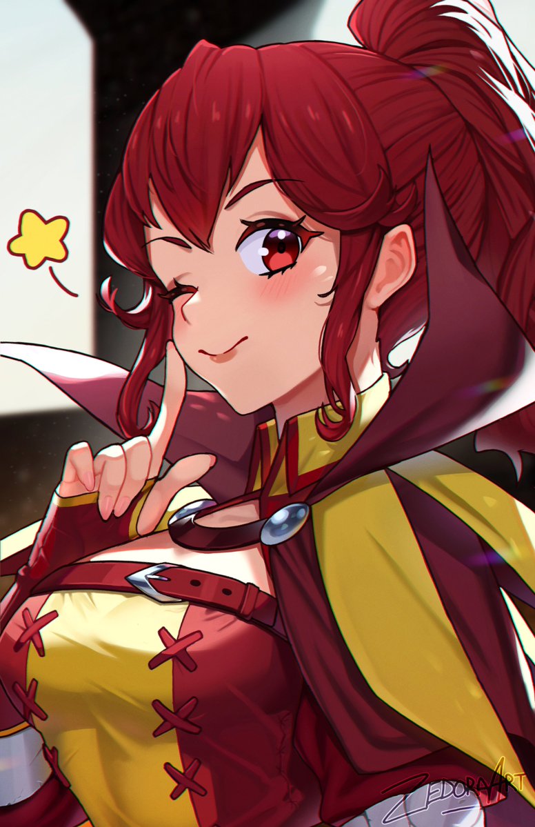 1girl anna_(fire_emblem) blush breasts closed_mouth commentary dress english_commentary fingernails fire_emblem fire_emblem_awakening hair_between_eyes high_collar index_finger_raised lips long_hair looking_at_viewer medium_breasts one_eye_closed pink_lips pink_nails ponytail red_dress red_eyes signature smile solo star_(symbol) two-tone_dress yellow_dress zedoraart