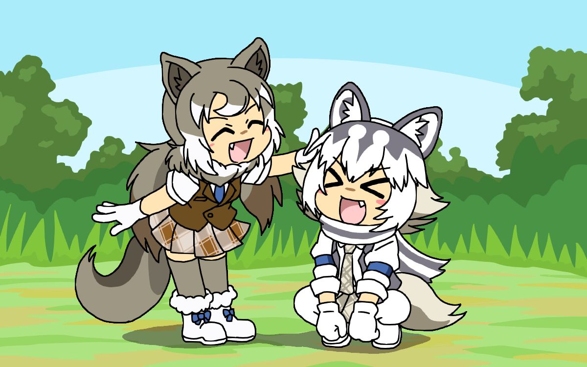 &gt;_&lt; 2girls :d ^_^ animal_ears armband blush_stickers brown_hair chibi closed_eyes dual_persona eastern_wolf_(kemono_friends) eastern_wolf_(kemono_friends)_(old_design) facing_another fang full_body fur-trimmed_footwear fur_collar fur_trim gloves grey_hair hand_on_another's_head headpat kemono_friends leaning_forward long_hair long_sleeves medium_hair miniskirt multicolored_hair multiple_girls necktie open_clothes open_mouth open_vest outstretched_arms outstretched_hand plaid plaid_necktie plaid_skirt pleated_skirt scarf shoes short_sleeves skirt smile squatting srd_(srdsrd01) standing tail thigh-highs twintails vest white_gloves white_hair wolf_ears wolf_girl wolf_tail xd