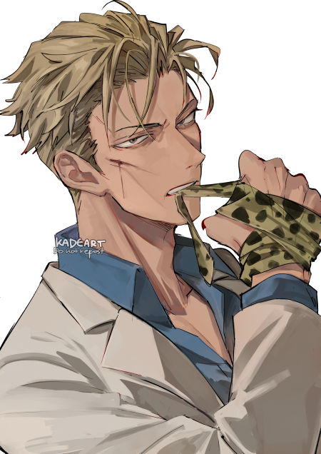 1boy animal_print artist_name black_shirt bleeding blonde_hair blood brown_eyes clenched_teeth collared_shirt commentary cuts dress_shirt english_commentary hand_up injury jacket jujutsu_kaisen kadeart lapels leopard_print long_sleeves looking_at_viewer male_focus nanami_kento necktie necktie_removed open_clothes open_jacket parted_lips scratches serious shirt short_hair signature simple_background solo teeth upper_body v-shaped_eyebrows white_background white_jacket wing_collar