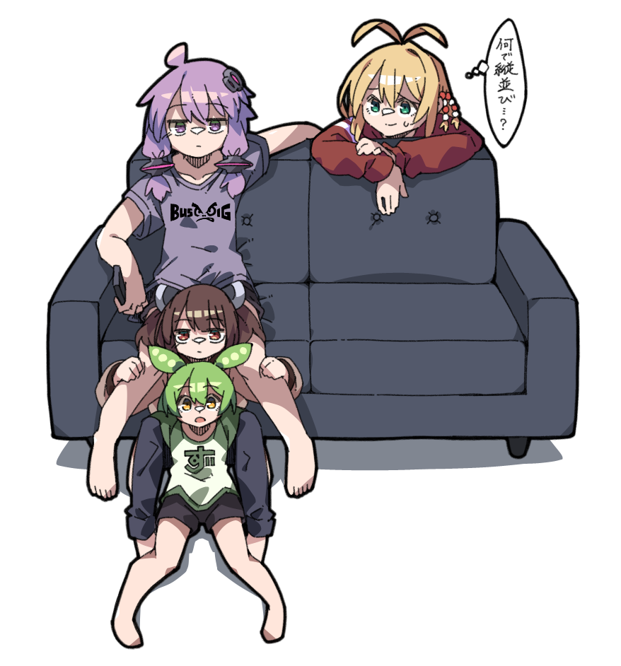 4girls ahoge alternate_costume antenna_hair barefoot beads black_pants black_shorts blade blonde_hair brown_hair casual closed_mouth commentary_request controller couch datemegane expressionless green_eyes green_hair green_sleeves grey_shirt hair_beads hair_ornament headgear holding holding_remote_control jitome leaning_on_object legs_on_another's_shoulders long_sleeves looking_ahead looking_at_another multiple_girls on_couch on_floor open_mouth pants print_shirt purple_hair raglan_sleeves raised_eyebrows reclining red_eyes red_sweater remote_control shirt short_hair_with_long_locks short_shorts short_twintails shorts sitting sitting_between_lap smile sweatdrop sweater thought_bubble touhoku_kiritan translation_request tsurumaki_maki twintails violet_eyes vocaloid voiceroid voicevox watching_television yellow_eyes yuzuki_yukari zundamon