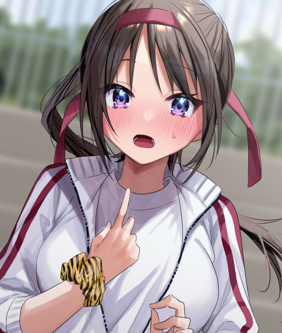 1girl blurry blurry_background blush breasts brown_hair chigusa_minori commentary_request floating_hair hair_ribbon jacket large_breasts long_hair looking_at_viewer open_clothes open_jacket open_mouth original outdoors pointing pointing_at_self red_ribbon ribbon scrunchie shirt solo sweatdrop teeth upper_body violet_eyes white_jacket white_shirt wrist_scrunchie
