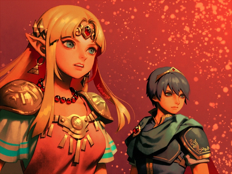 1boy 1girl anniversary armor bead_necklace beads bellhenge blonde_hair blue_armor blue_eyes blue_hair blue_scarf blue_tunic blunt_bangs blunt_ends breastplate brooch cape circlet closed_mouth commentary dress english_commentary eyelashes fire_emblem frown gem gold_headband gold_trim high_collar jewelry long_hair looking_ahead marth_(fire_emblem) necklace parted_bangs parted_lips pink_lips pink_tabard pointy_ears prince princess princess_zelda red_background red_cape red_gemstone scarf short_hair short_sleeves shoulder_pads sidelocks square_neckline super_smash_bros. tabard teeth the_legend_of_zelda tiara triforce_earrings upper_body v-shaped_eyebrows white_dress