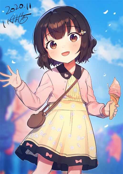 1girl :d animal_bag bag black_hair blue_sky brown_eyes clouds collared_dress commentary_request cropped_jacket dated day dress feet_out_of_frame flower food hair_flower hair_ornament hairclip hand_up holding holding_food ice_cream ice_cream_cone ichihaya jacket looking_at_viewer open_clothes open_jacket original outdoors people pink_jacket shoulder_bag signature sky smile soft_serve solo_focus standing yellow_dress yellow_flower