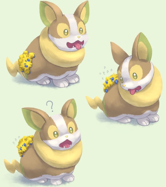 ? animal_focus commentary_request fangs flying_sweatdrops green_eyes joltik mijinko_(barabadge) no_humans open_mouth pokemon pokemon_(creature) pokemon_on_back tongue tongue_out yamper