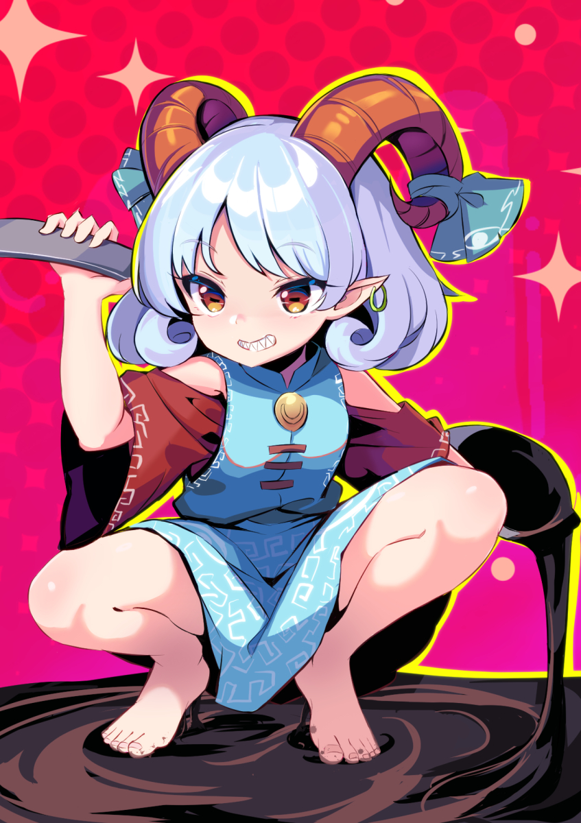 1girl barefoot blue_dress blue_ribbon commentary curled_horns curly_hair dress earrings full_body hair_ribbon harakune_(mugennero) highres horns jewelry meandros oversized_object pointy_ears polka_dot polka_dot_background red_background red_eyes red_horns red_sleeves ribbon sheep_horns solo squatting star_(symbol) touhou toutetsu_yuuma utensil