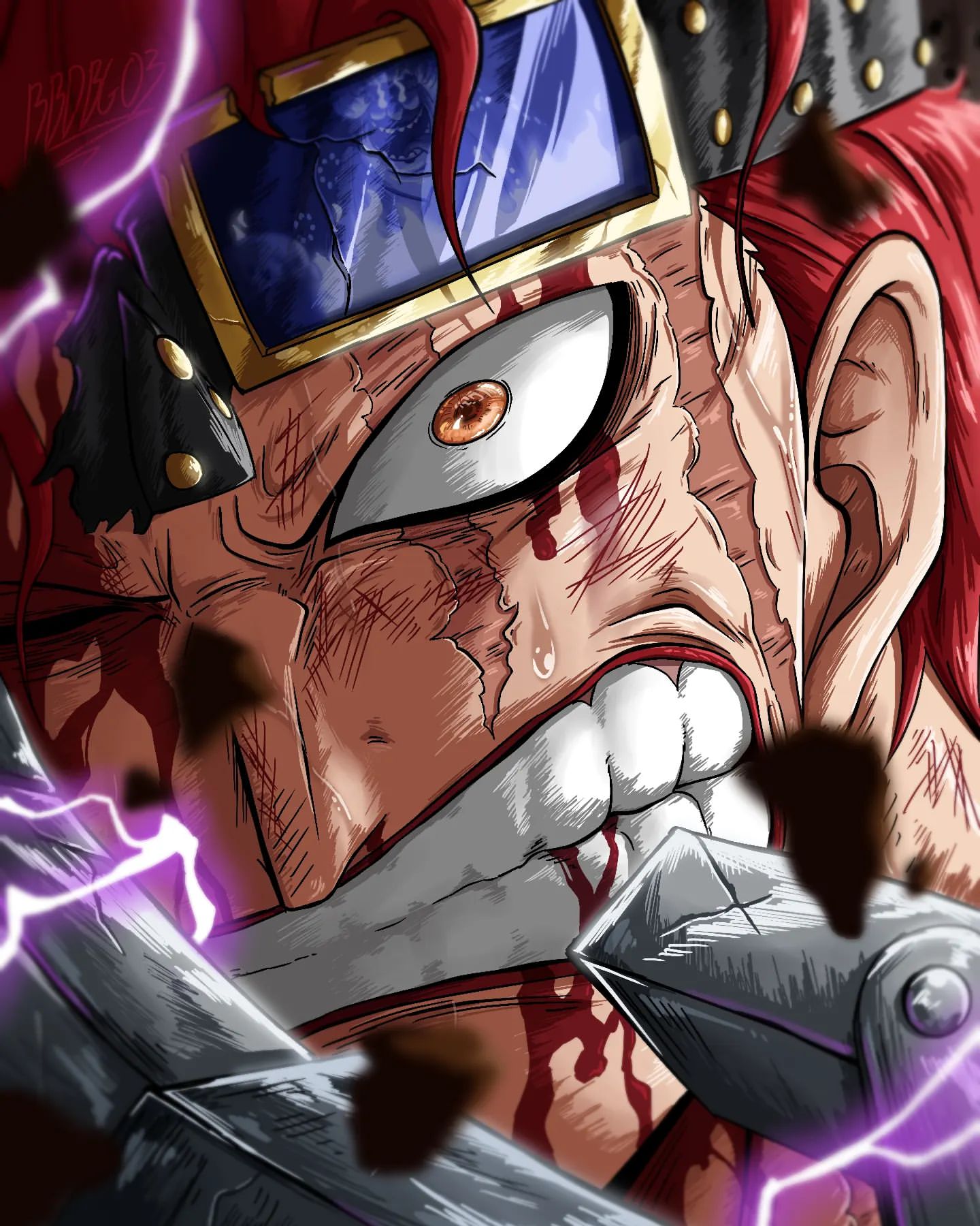 1boy bbdbg03 blood blood_from_eyes blood_from_mouth blood_on_face brown_eyes clenched_teeth eustass_kid goggles highres looking_at_viewer one_eye_closed one_piece portrait redhead scar scar_across_eye scar_on_face teeth