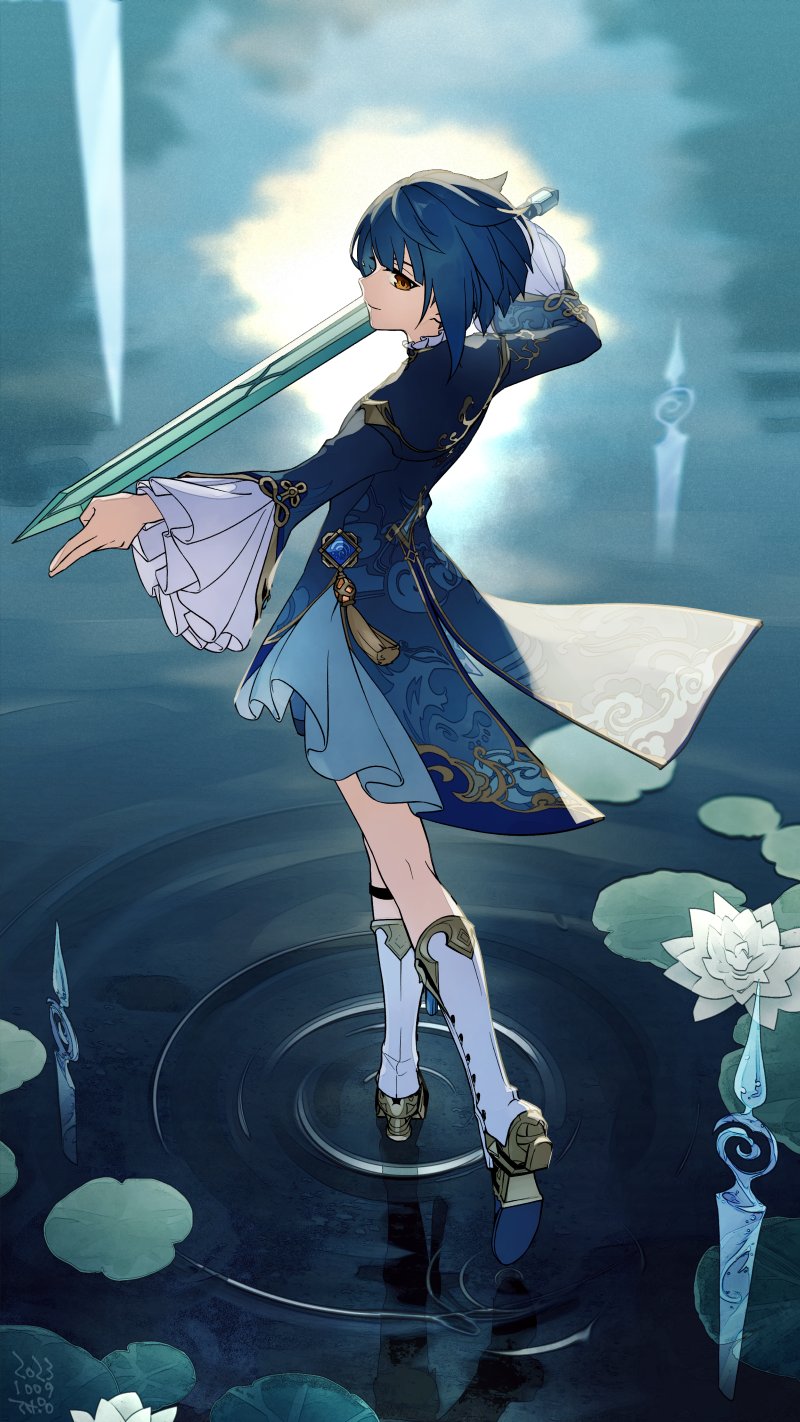 1boy apollo_hotori asymmetrical_bangs blue_hair chinese_clothes fighting_stance frilled_sleeves frills from_above genshin_impact highres holding holding_sword holding_weapon lily_pad long_coat puddle ripples solo sword walking walking_on_liquid water water_lily_flower weapon white_footwear xingqiu_(genshin_impact) yellow_eyes