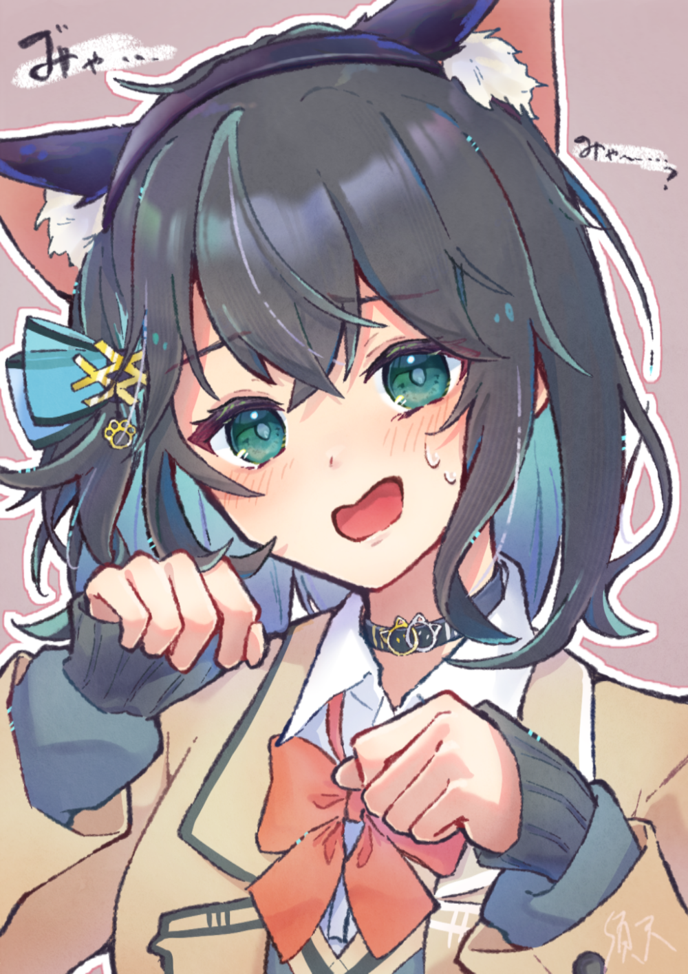 1girl animal_ears black_choker black_hair black_sweater blazer blue_bow blue_hair blush bow bowtie brown_background brown_jacket cat_ears choker collared_shirt colored_inner_hair commentary_request fake_animal_ears furrowed_brow gradient_hair green_eyes hair_bow haru1suama head_tilt highres jacket layered_clothes long_sleeves looking_at_viewer loose_bowtie medium_hair miyamai_moca multicolored_hair nervous_smile outline paw_pose red_bow red_bowtie shirt simple_background sleeves_past_wrists smile solo sweat sweater translation_request upper_body voicepeak white_outline white_shirt