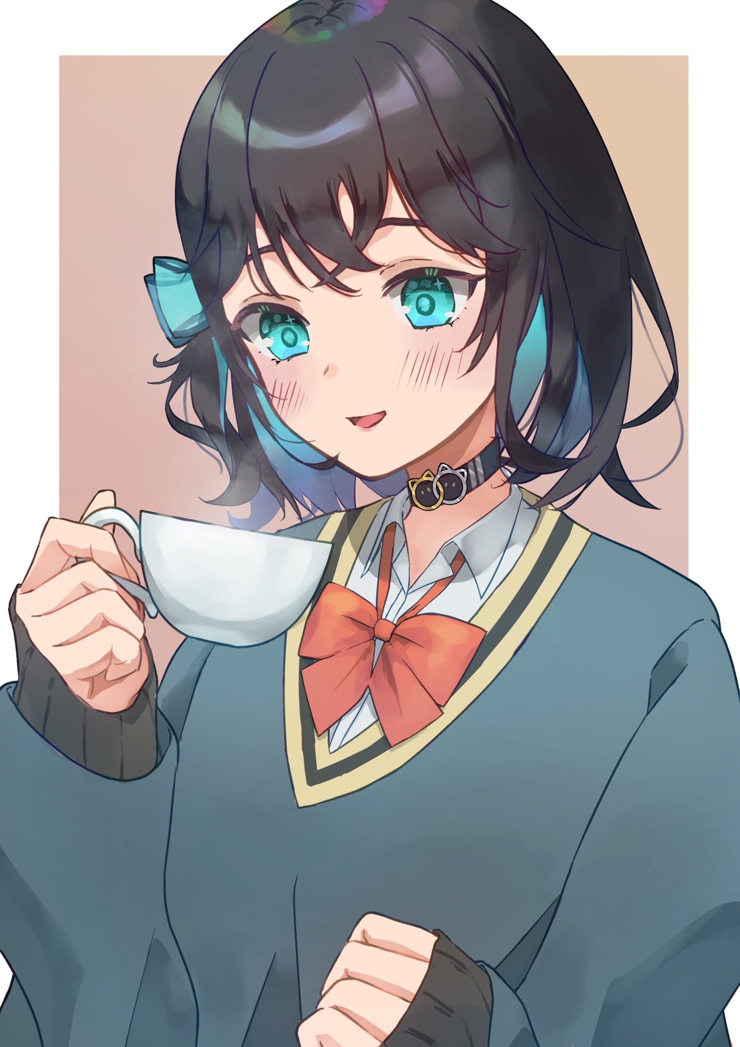 1girl aqua_bow aqua_eyes aqua_hair black_choker black_hair blue_sweater blush border bow bowtie brown_background cat_choker choker collared_shirt colored_inner_hair commentary_request cup go_onnu gradient_background gradient_hair hair_bow hand_up highres holding holding_cup hot_drink long_sleeves looking_at_object loose_bowtie medium_hair miyamai_moca multicolored_hair open_mouth outside_border red_bow red_bowtie shirt smile solo steam sweater teacup upper_body voicepeak wavy_hair white_border white_shirt