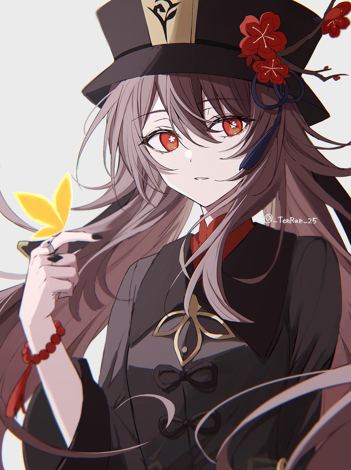 1girl bead_bracelet beads black_headwear black_nails blue_tassel bracelet breasts bright_pupils brown_coat brown_hair bug butterfly butterfly_on_hand coat coattails collared_coat flower flower-shaped_pupils genshin_impact grey_background hair_between_eyes hat hat_flower hat_tassel highres hu_tao_(genshin_impact) jewelry long_hair looking_at_viewer multiple_rings parted_lips porkpie_hat red_eyes red_flower red_shirt ring seina1211 shirt simple_background small_breasts solo symbol-shaped_pupils twintails twitter_username upper_body white_pupils yellow_butterfly