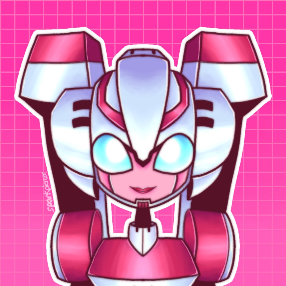 1girl arcee autobot backpack bag blue_eyes can't_be_this_cute colored_skin helmet humanoid_robot looking_at_viewer pink_background pink_skin red_lips robot solo sparkpiercer transformers transformers_animated upper_body
